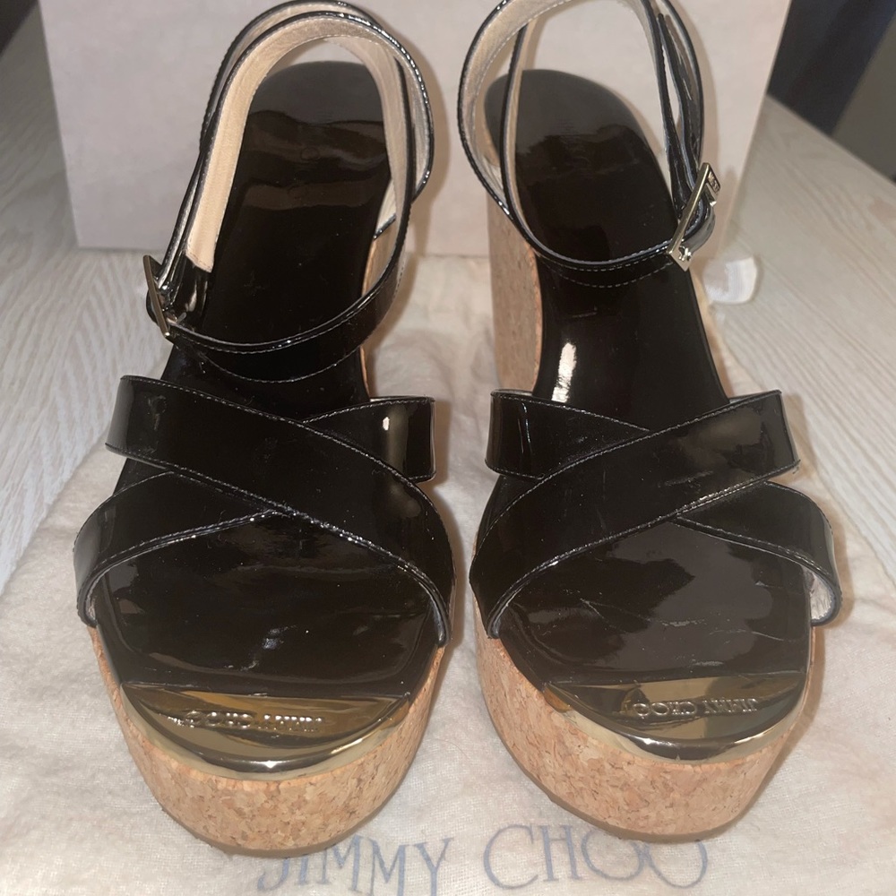 Jimmy Choo Papyrus Patent Cork Black Wedge Size 40